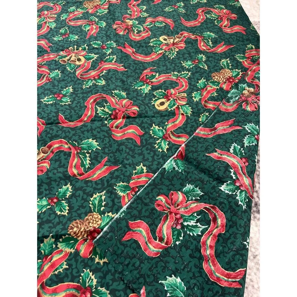 Christmas Fabric Remnant Green w/ Ribbon, Pine Cones, Musical Instruments Print